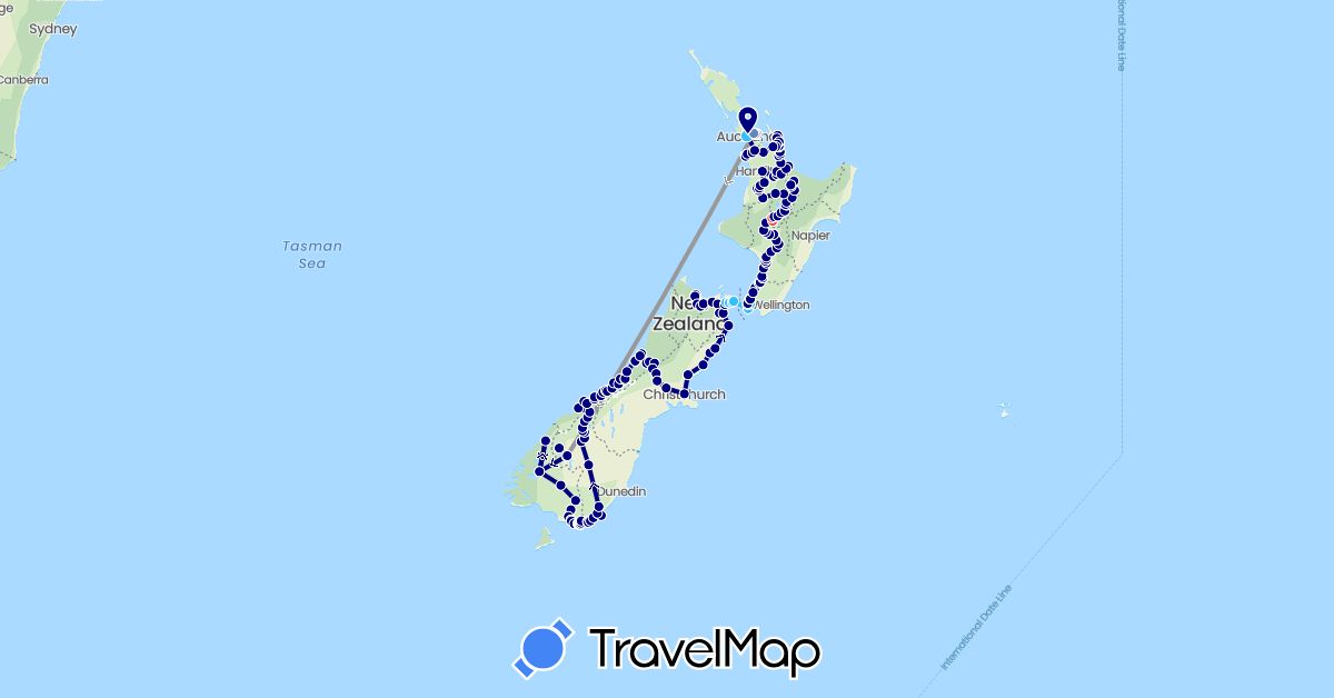 TravelMap itinerary: driving, plane, cycling, hiking, boat in New Zealand (Oceania)